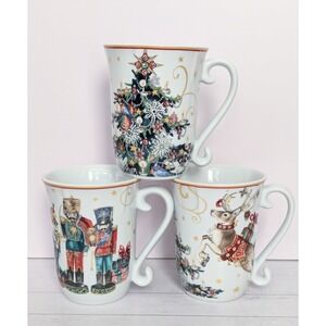 3 Williams Sonoma Mug Cup TWAS NIGHT BEFORE CHRISTMAS Tree Nutcracker Reindeer